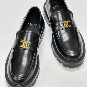 CELINE Black Gold Slip-On Loafers with Chain Accent