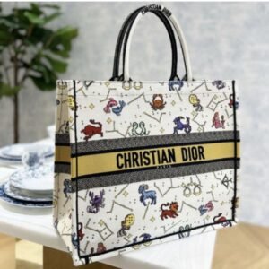 Design BAG NEW ARRIVAL - CD LARGE BOOK TOTE LATTE MULTICOLOR PIXEL ZODIAC EMBROIDERY 36cm for women - Dubai Fashion LUX
