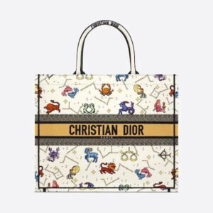 Design BAG NEW ARRIVAL - CD LARGE BOOK TOTE LATTE MULTICOLOR PIXEL ZODIAC EMBROIDERY 42CM for women - Dubai Fashion LUX