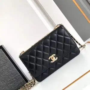 Design Black Quilted Leather Trendy CC Wallet On Chain - Dubai Fashion LUX