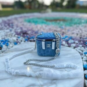Design Denim Quilted Mini Pearl Crush Vanity Case With Chain - Dubai Fashion LUX