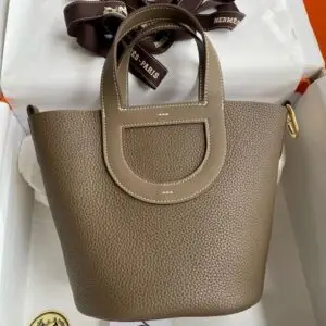 Design Gray Leather Basket Bag, Top Handle Tote with Interior Pocket - Dubai Fashion LUX