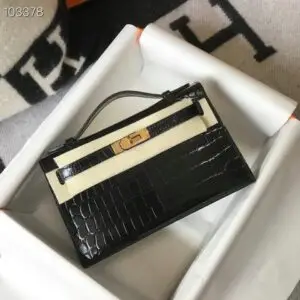 Design Kelly Pochette Bag In Black Embossed Crocodile Leather - Dubai Fashion LUX
