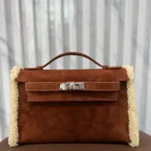 Design Kelly Teddy Pochette Veau Doblis Suede Mouton Shearling Muff RARE - Dubai Fashion LUX