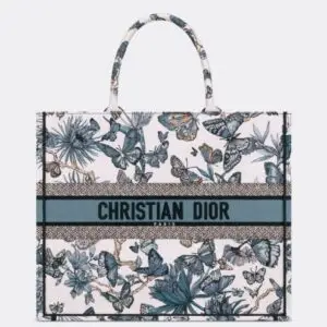 Design LARGE BOOK TOTE White and Pastel Midnight Blue Toile de Jouy Mexico Embroidery (42 x 35 x 18.5 cm) - Dubai Fashion LUX