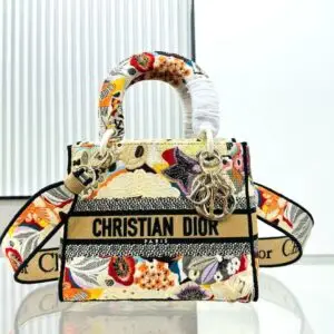 Design Medium Lady D-Lite Bag Beige Multicolor Brocart Butterfly Embroidery - Dubai Fashion LUX