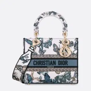 Design MEDIUM LADY D-LITE BAG White and Pastel Midnight Blue Toile de Jouy Mexico Embroidery - Dubai Fashion LUX
