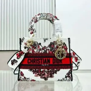 Design Medium Lady D-Lite Bag White and Red Le Cœur des Papillons Embroidery - Dubai Fashion LUX