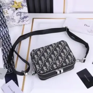 Design Men Pouch with Shoulder Strap Beige and Black Oblique Jacquard - Dubai Fashion LUX
