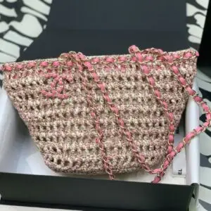 Design Small Shopping Bag in Crochet & Mixed Fibers & Calfskin  Beige Pink - Dubai Fashion LUX