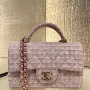 Design Tweed Quilted Mini Top Handle Rectangular Flap Light Pink - Dubai Fashion LUX