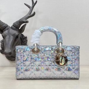 LADY D JOY BAGSilver Cannage Calfskin with Iridescent Diamond Pattern - Dubai Fashion LUX